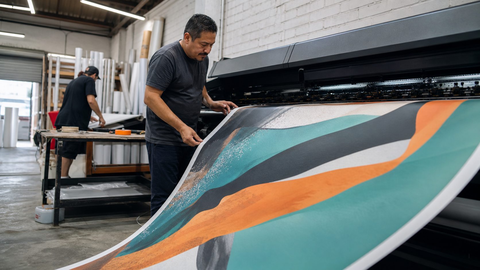 Impresión de gran formato saliendo de un plotter